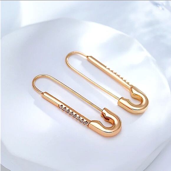 Gold Plated Zircon Safety Pin Earrings, Minimalist, Punk, Gift For Teenager - Picture 6 of 9